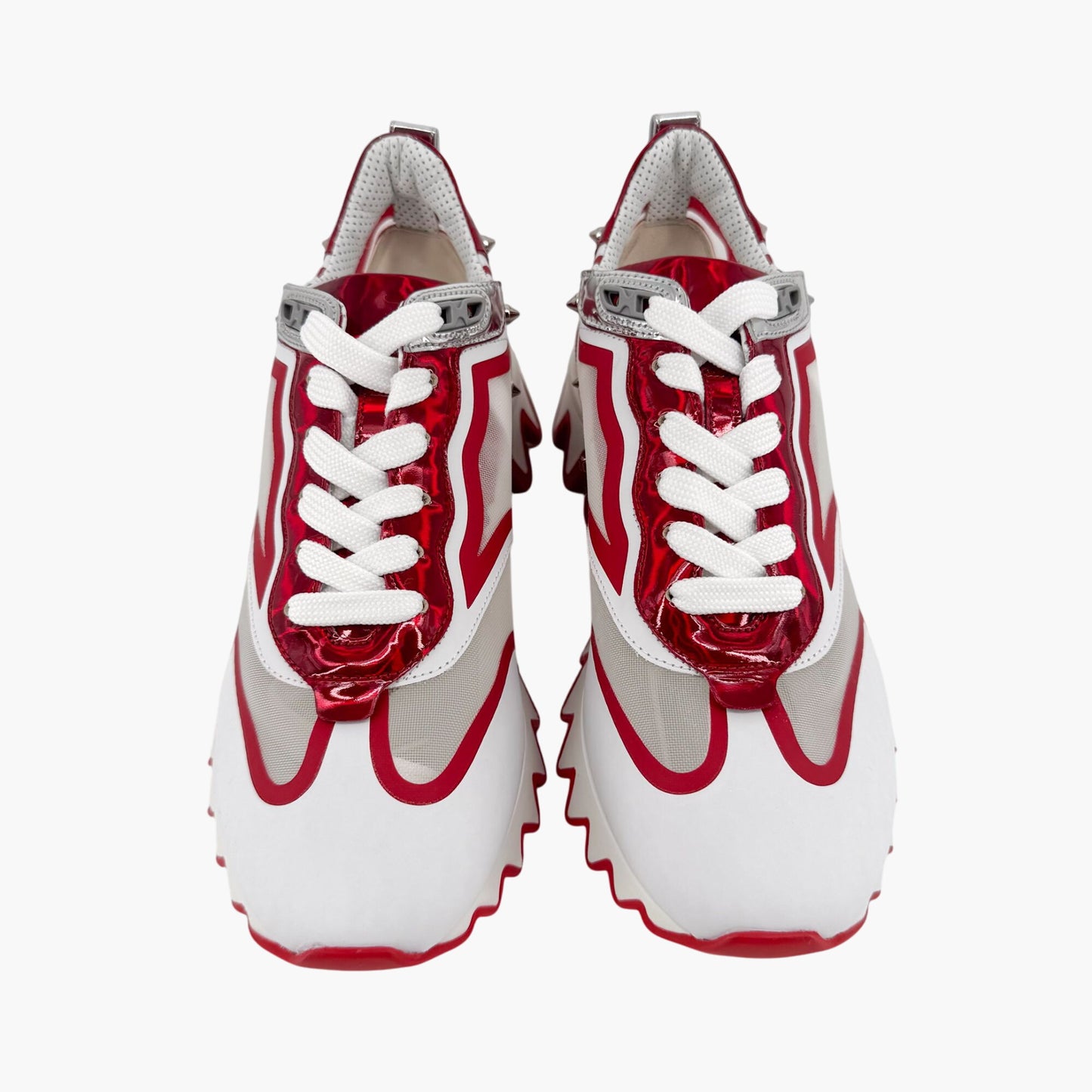 Christian Louboutin Sharkina Sneakers in White Mesh & Red Patent Leather – Size 38