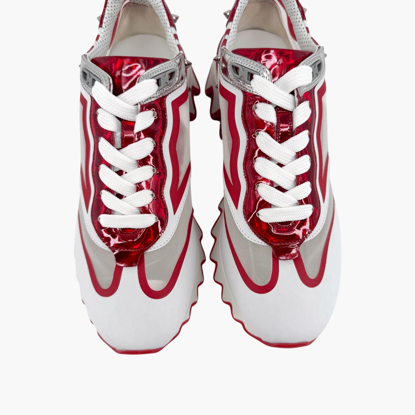 Christian Louboutin Sharkina Sneakers in White Mesh & Red Patent Leather – Size 38