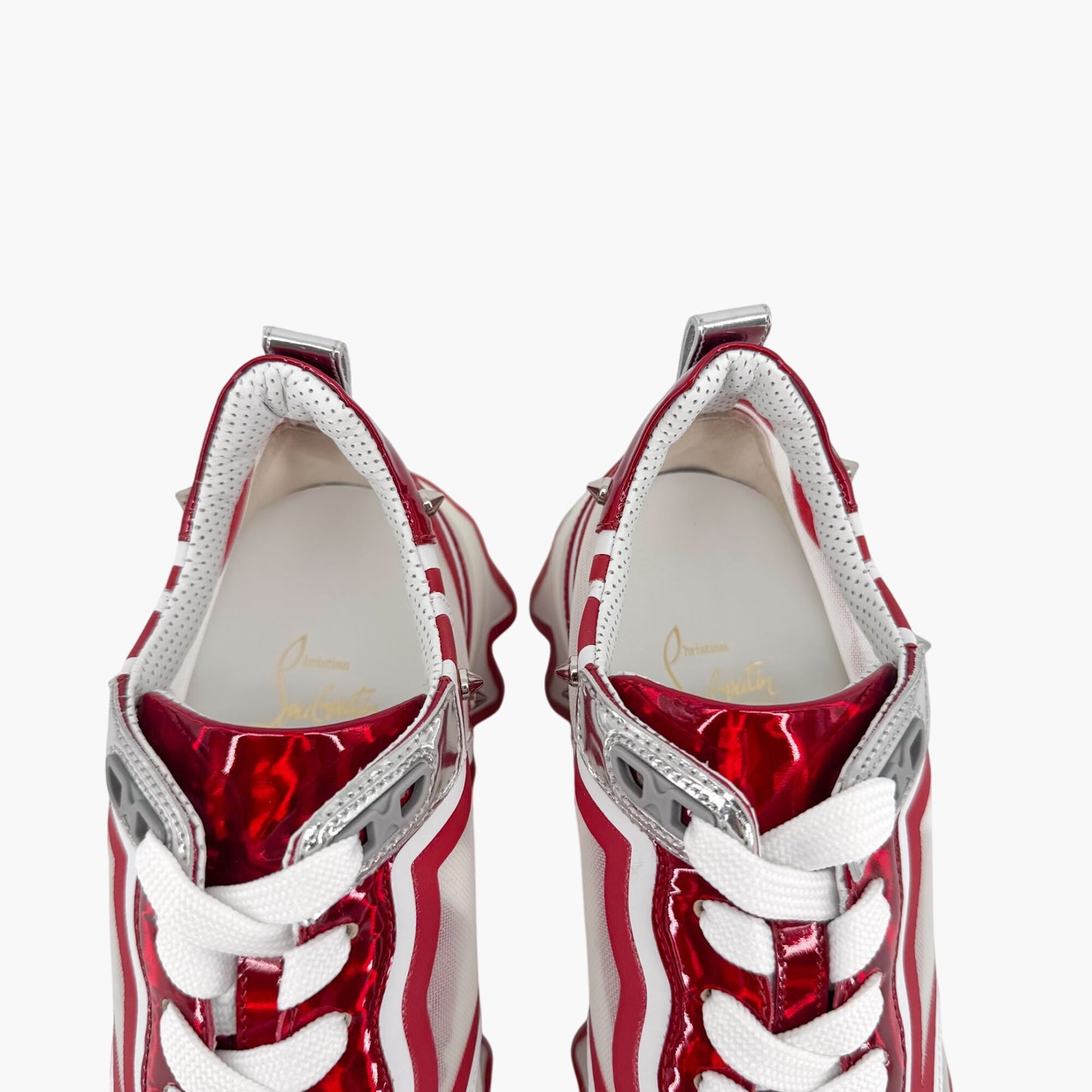 Christian Louboutin Sharkina Sneakers in White Mesh & Red Patent Leather – Size 38