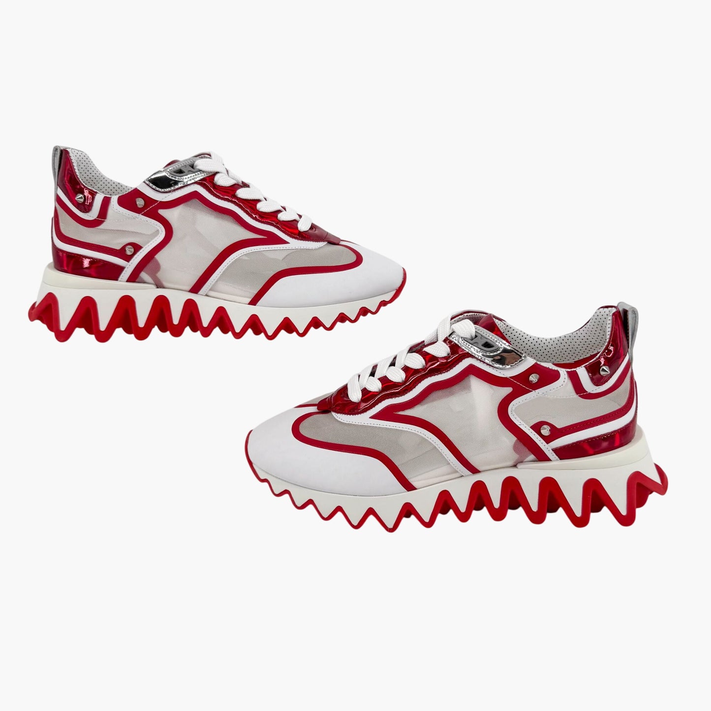 Christian Louboutin Sharkina Sneakers in White Mesh & Red Patent Leather – Size 38