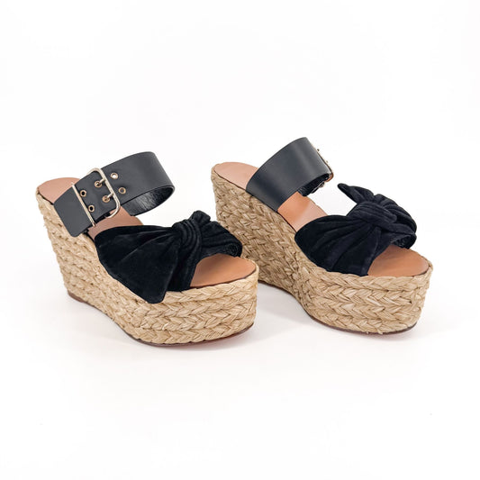 Valentino Garavani Black Suede Espadrille Wedge Sandals Size 38