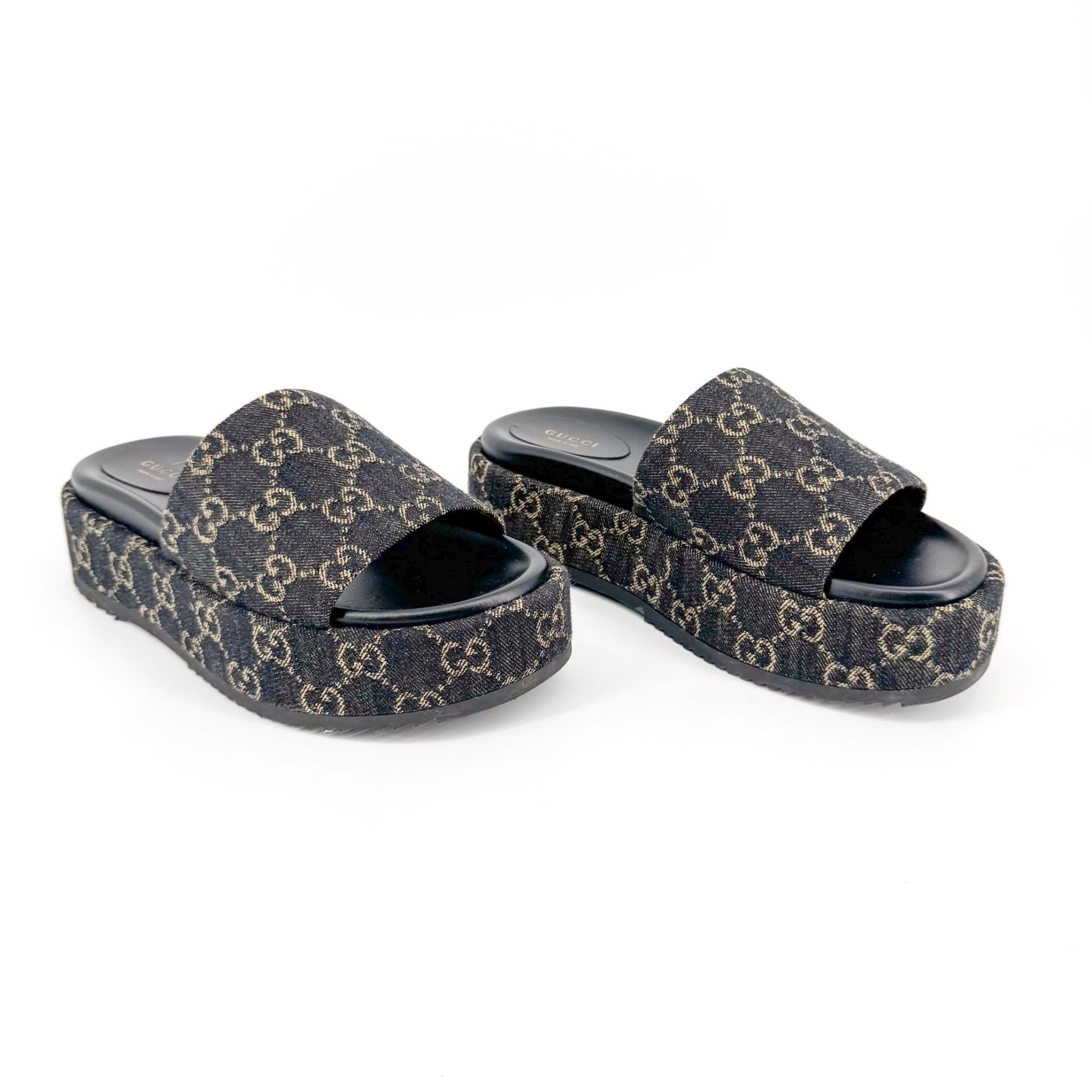 Gucci Angelina Platform Slide Sandals in Black GG Denim – Size 38