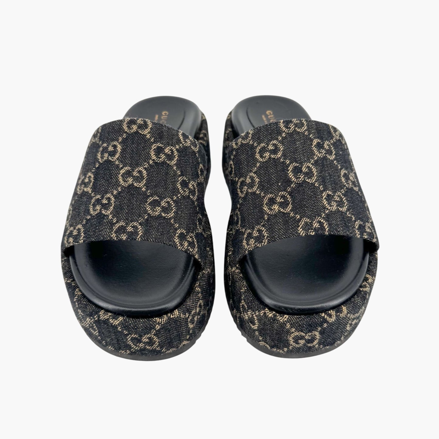 Gucci Angelina Platform Slide Sandals in Black GG Denim – Size 38