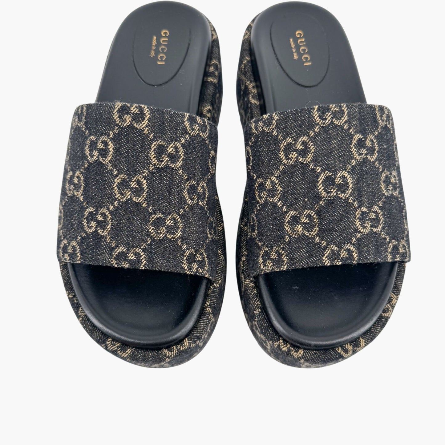 Gucci Angelina Platform Slide Sandals in Black GG Denim – Size 38