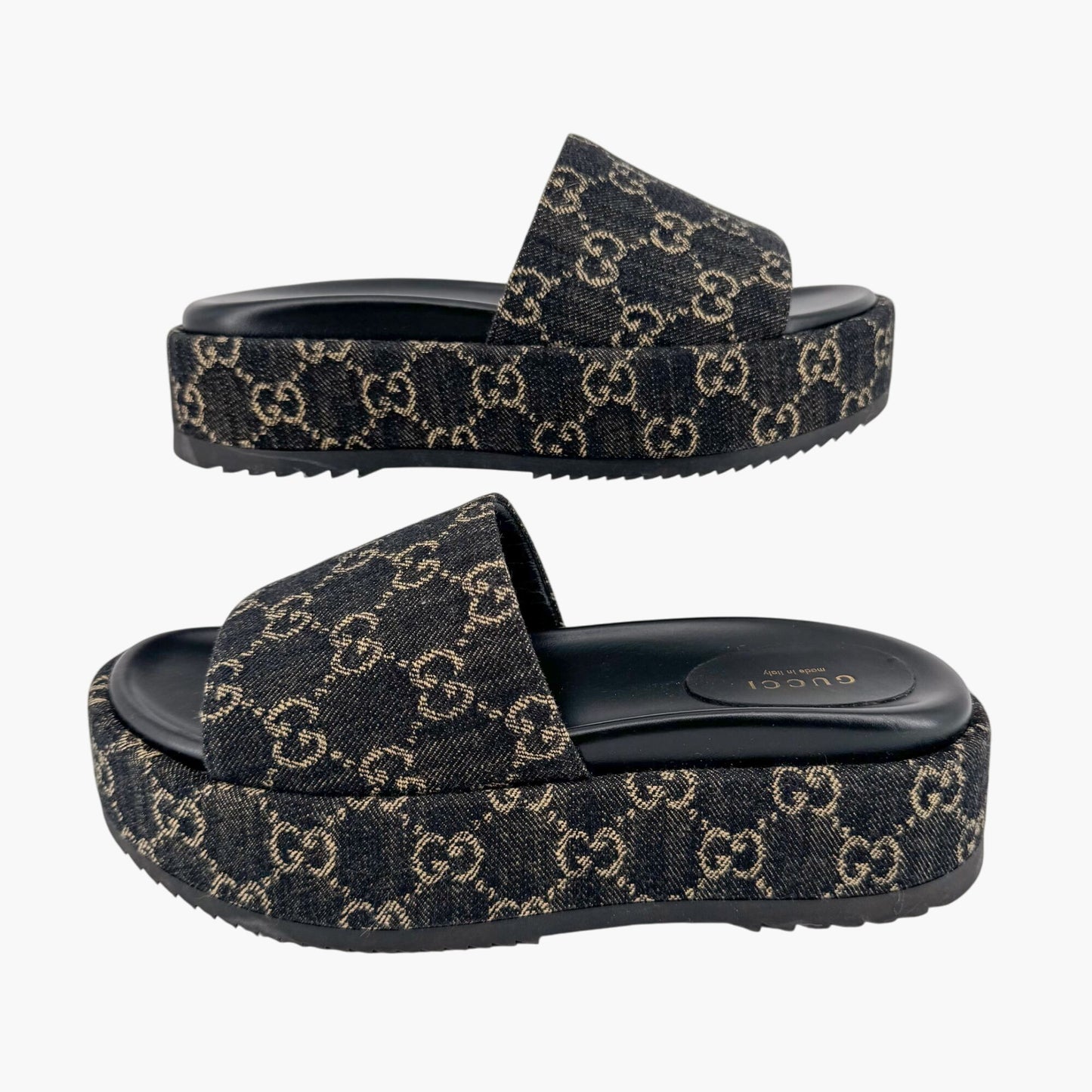 Gucci Angelina Platform Slide Sandals in Black GG Denim – Size 38