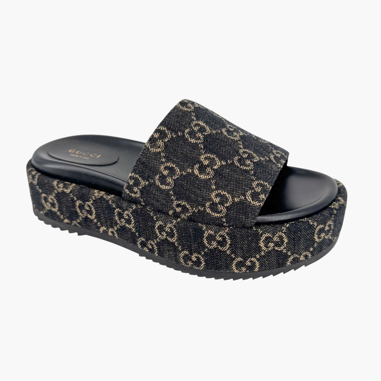 Gucci Angelina Platform Slide Sandals in Black GG Denim – Size 38