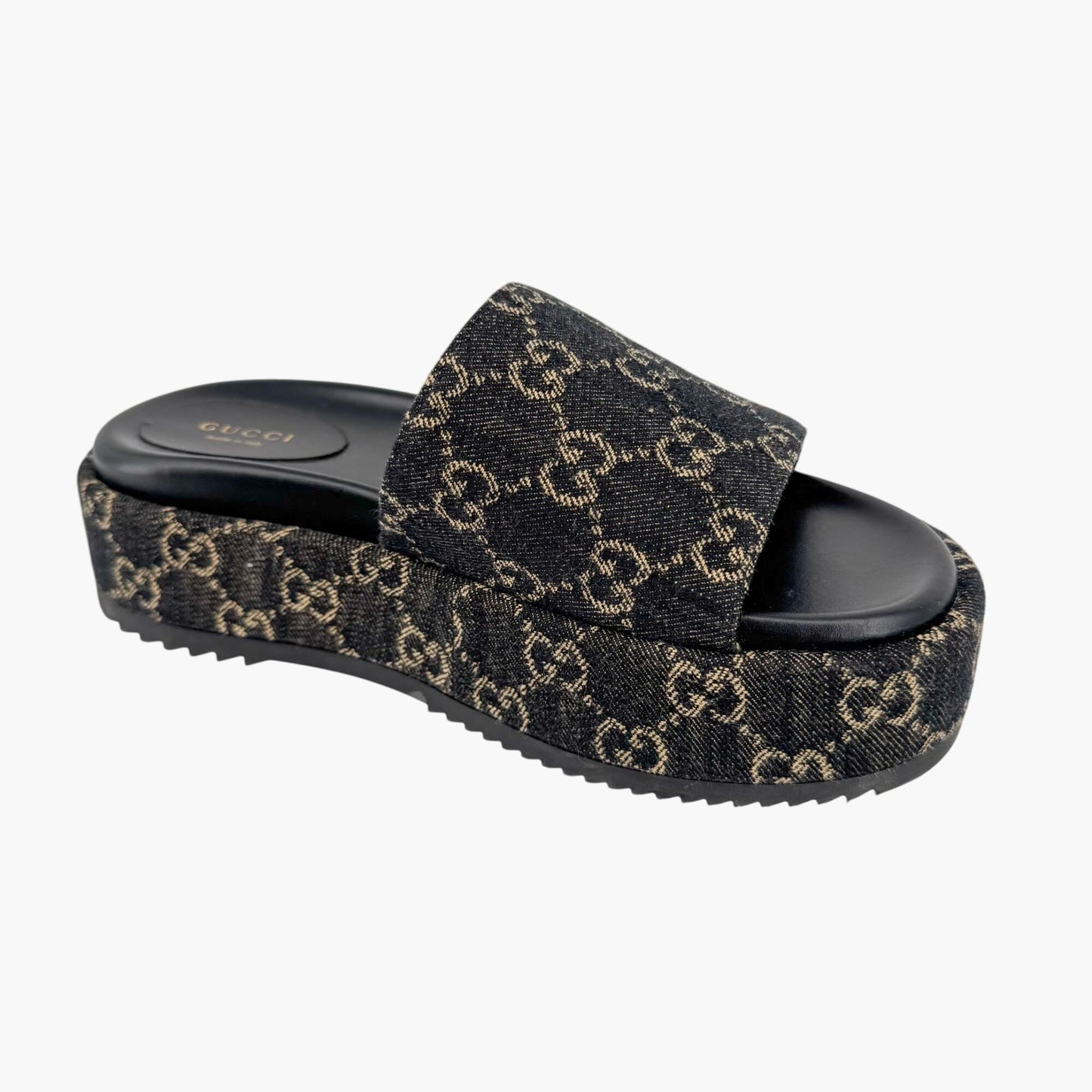 Gucci Angelina Platform Slide Sandals in Black GG Denim – Size 38