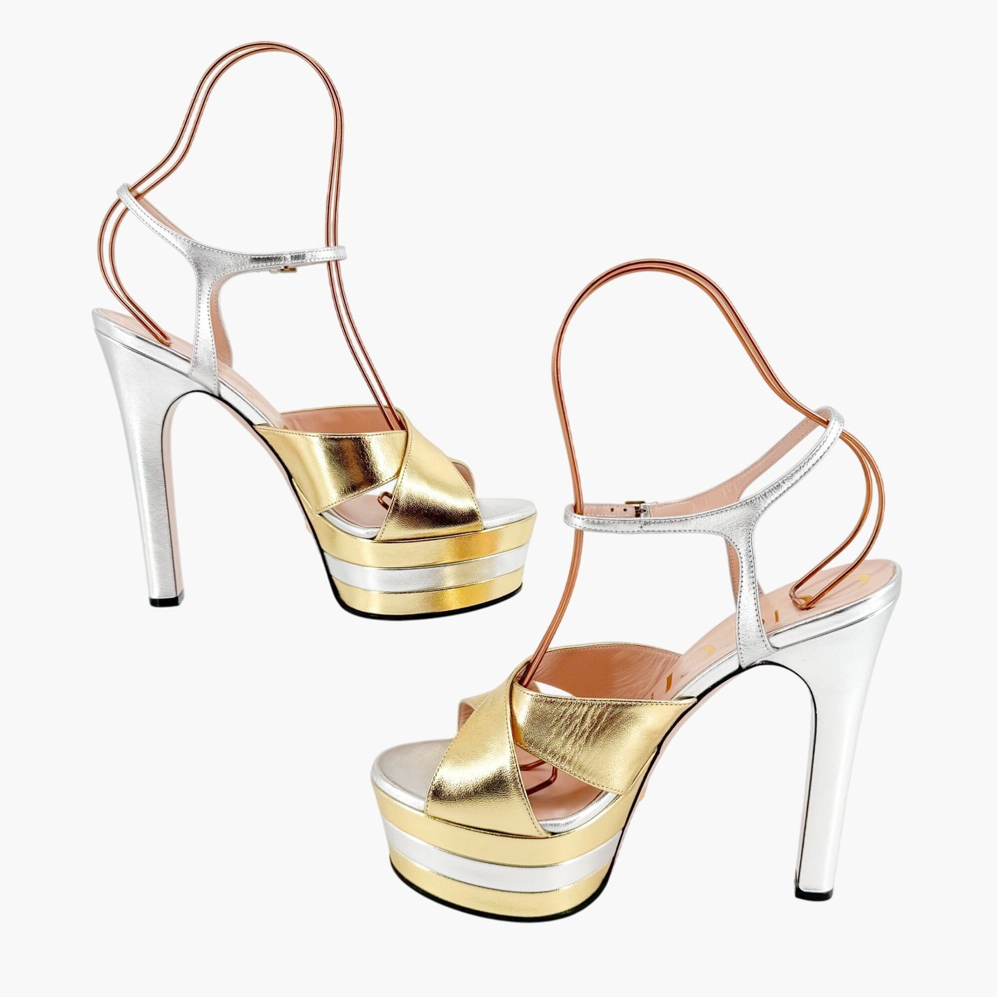 Gucci Angel Platform Sandals in Metallic Silver/Gold Leather Size 40