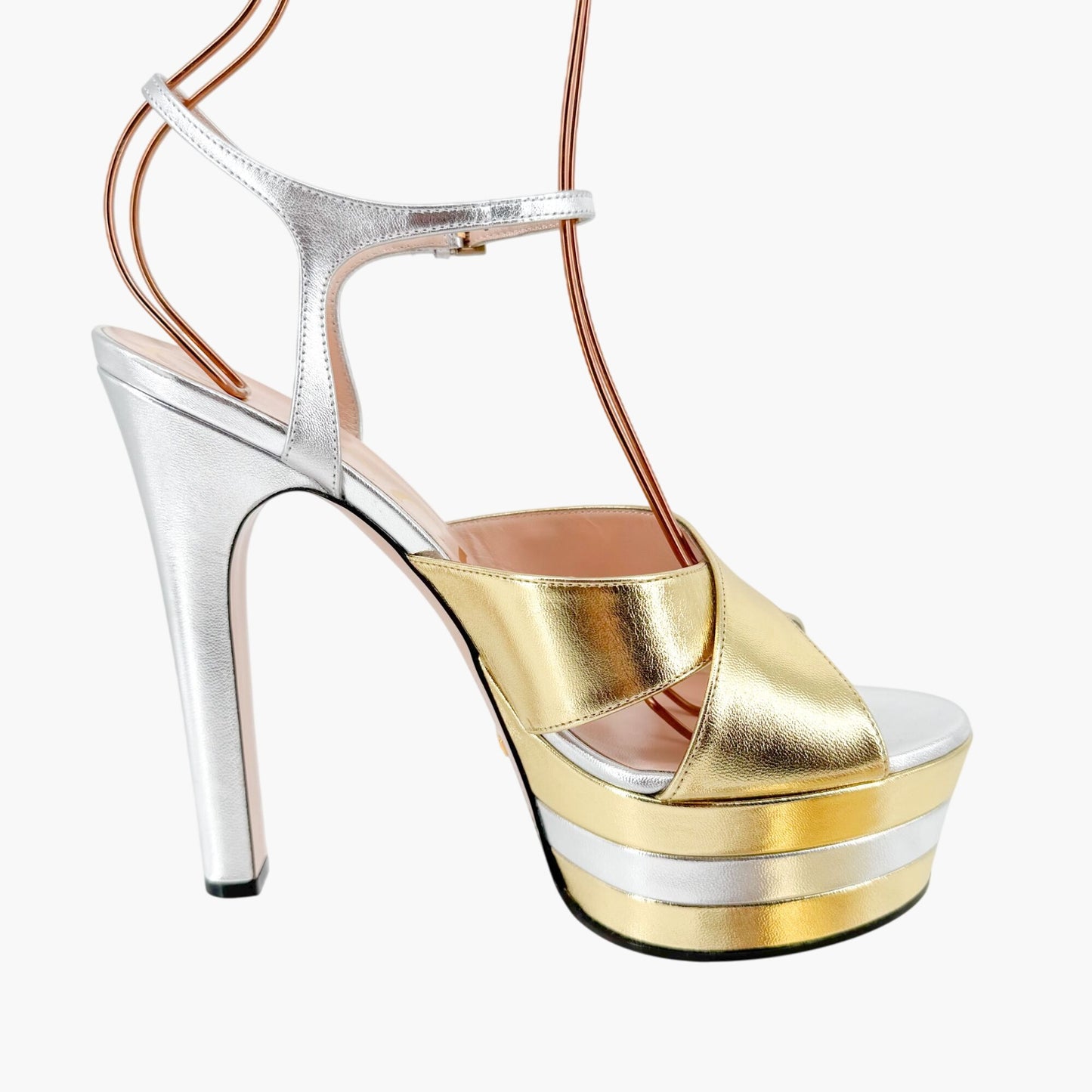 Gucci Angel Platform Sandals in Metallic Silver/Gold Leather Size 40