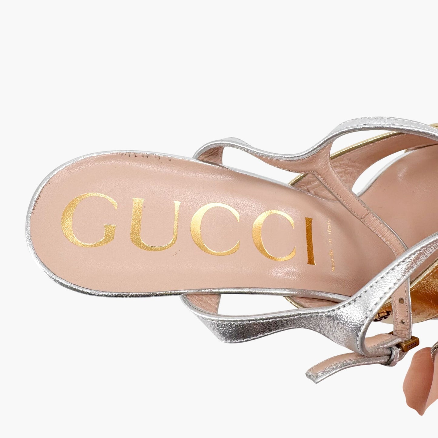 Gucci Angel Platform Sandals in Metallic Silver/Gold Leather Size 40