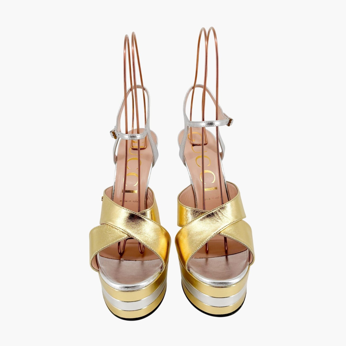 Gucci Angel Platform Sandals in Metallic Silver/Gold Leather Size 40