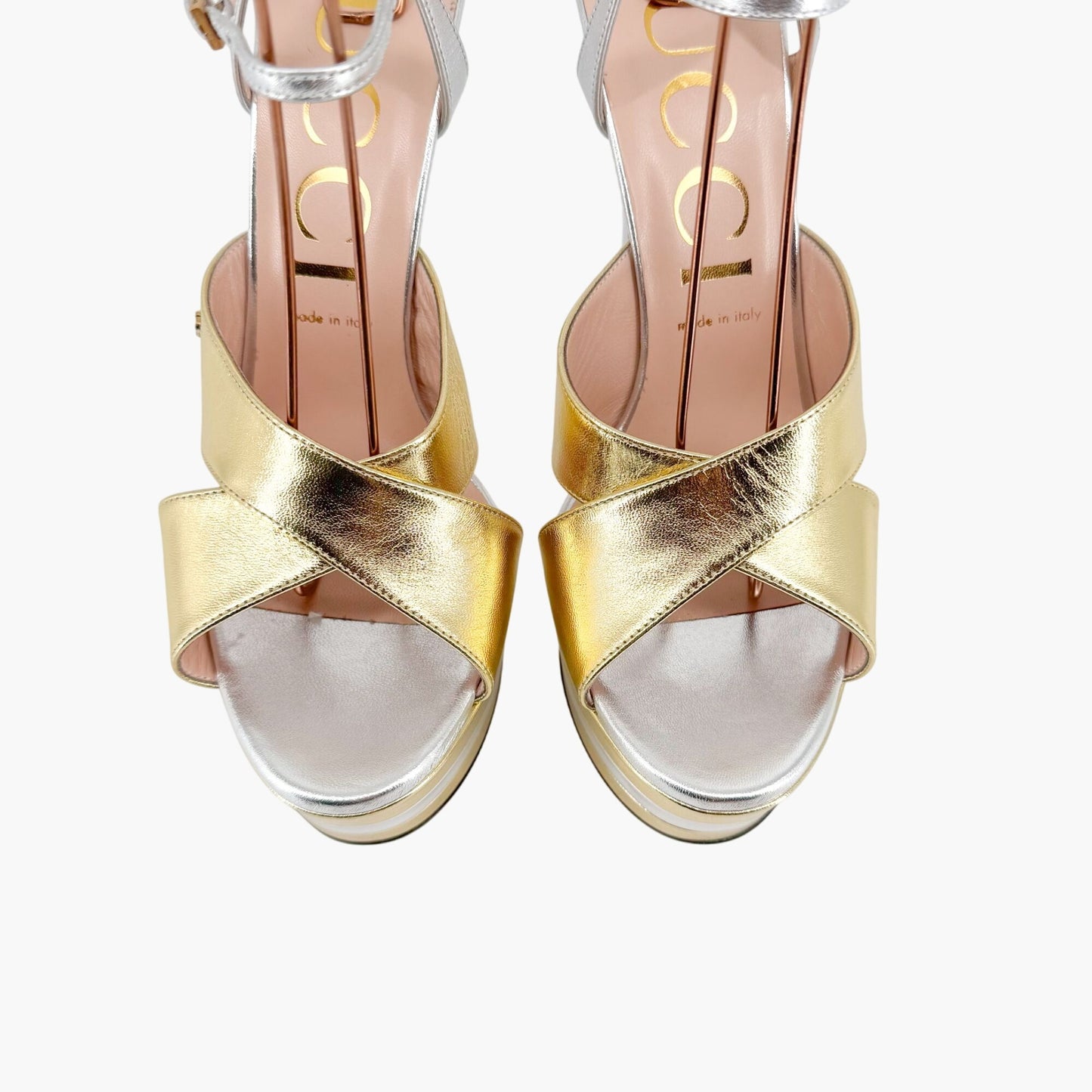 Gucci Angel Platform Sandals in Metallic Silver/Gold Leather Size 40