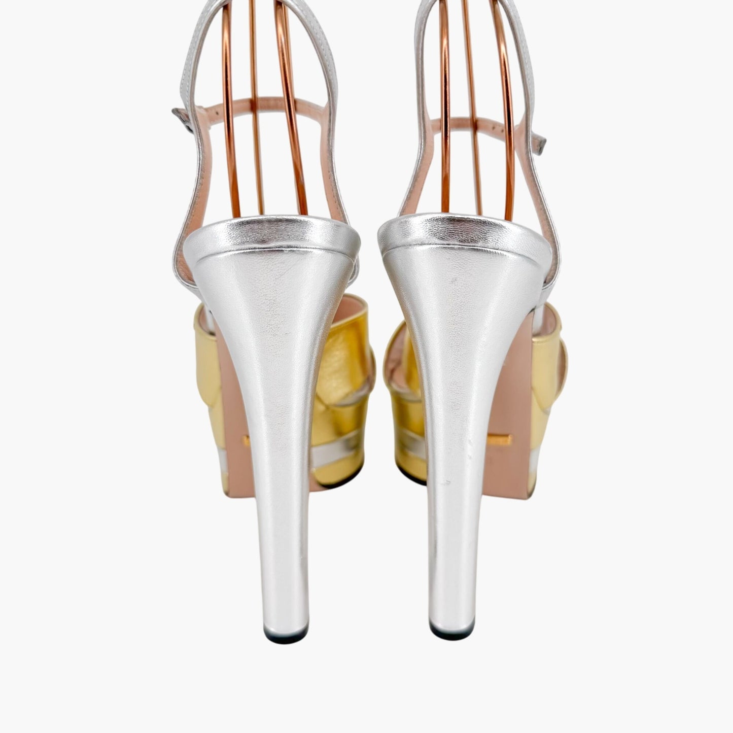 Gucci Angel Platform Sandals in Metallic Silver/Gold Leather Size 40