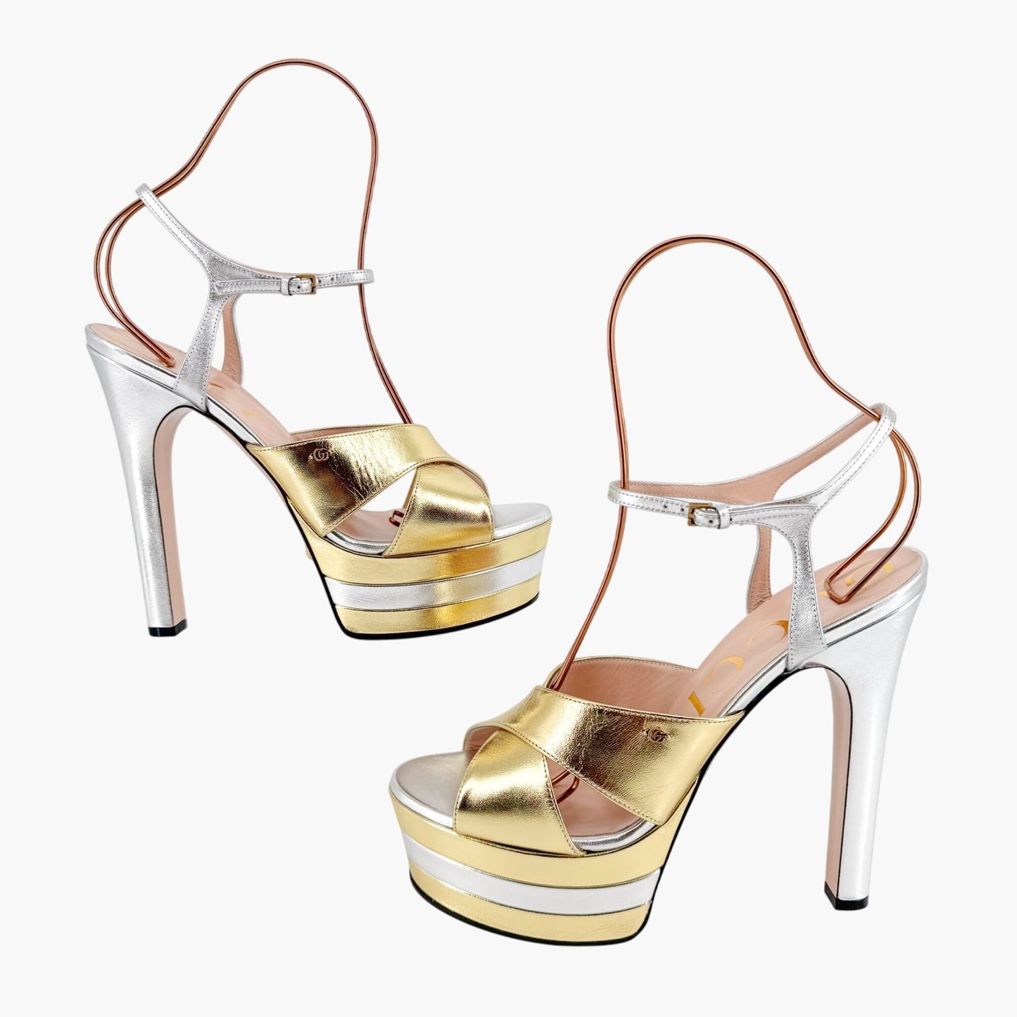 Gucci Angel Platform Sandals in Metallic Silver/Gold Leather Size 40