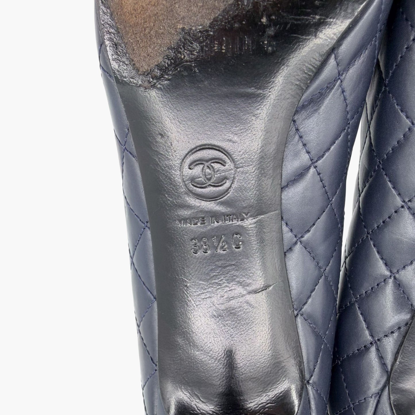 Chanel Camellia Cap Toe Quilted Leather Pumps Blue Size 38.5C