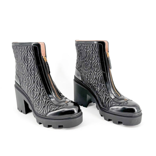 Gucci Trip Zip Front Rhombus Quilted Combat Boots in Black Leather Size 42