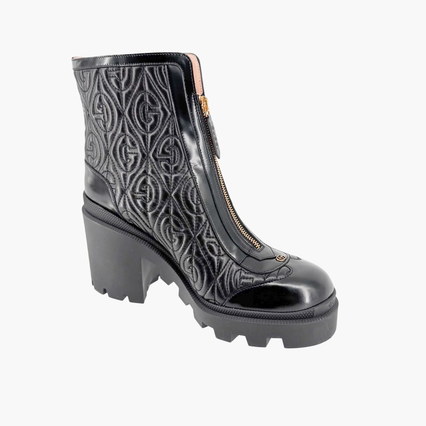 Gucci Trip Zip Front Rhombus Quilted Combat Boots in Black Leather Size 42