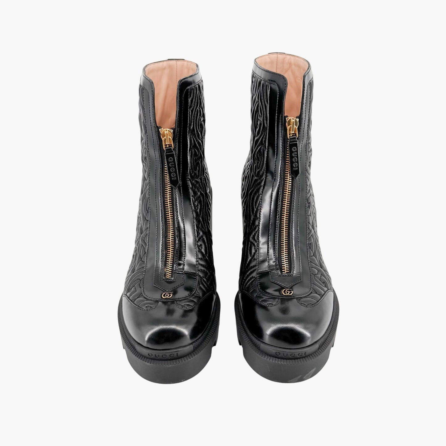 Gucci Trip Zip Front Rhombus Quilted Combat Boots in Black Leather Size 42