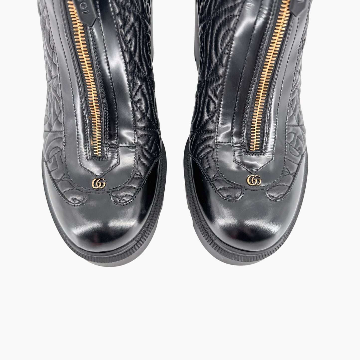 Gucci Trip Zip Front Rhombus Quilted Combat Boots in Black Leather Size 42