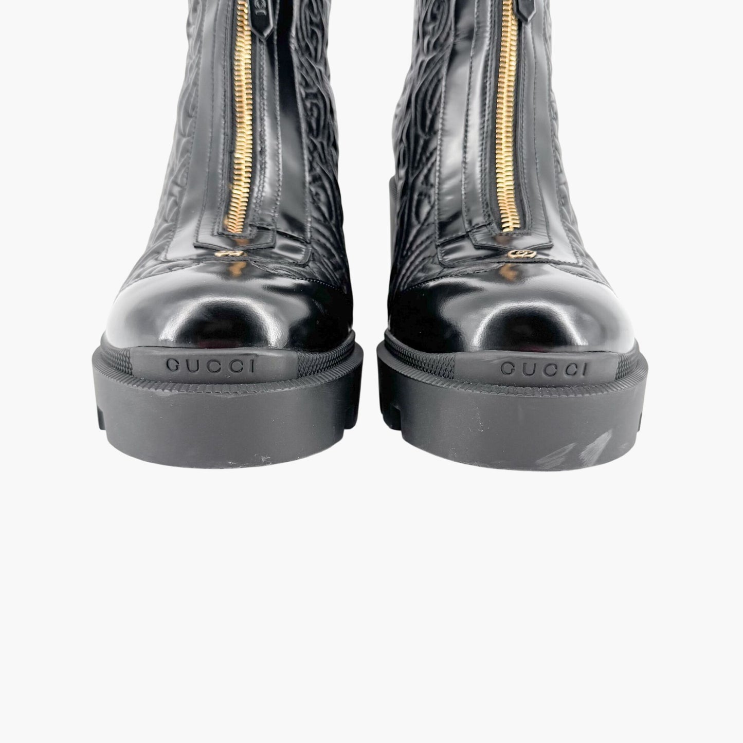 Gucci Trip Zip Front Rhombus Quilted Combat Boots in Black Leather Size 42