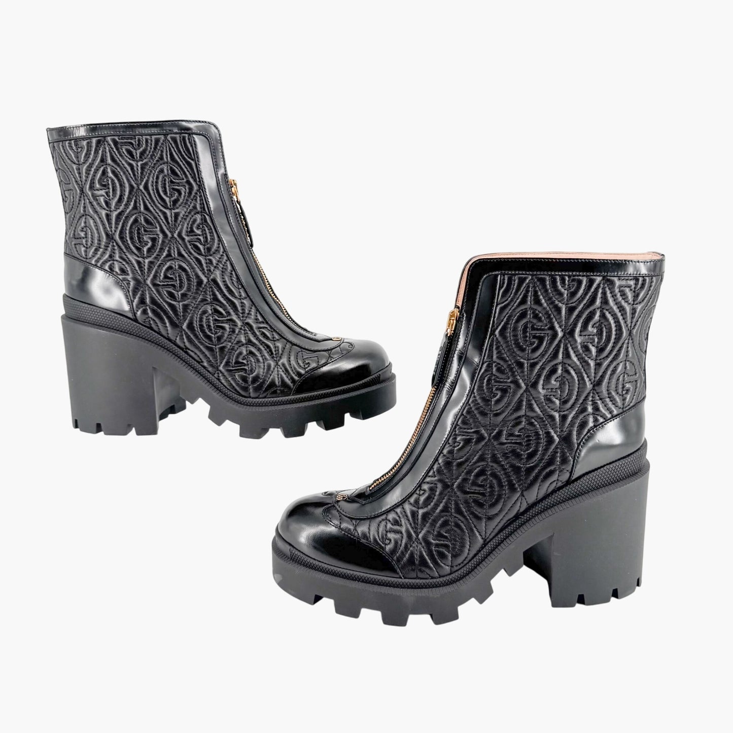 Gucci Trip Zip Front Rhombus Quilted Combat Boots in Black Leather Size 42