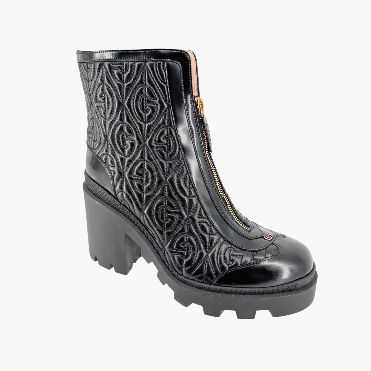 Gucci Trip Zip Front Rhombus Quilted Combat Boots in Black Leather Size 42