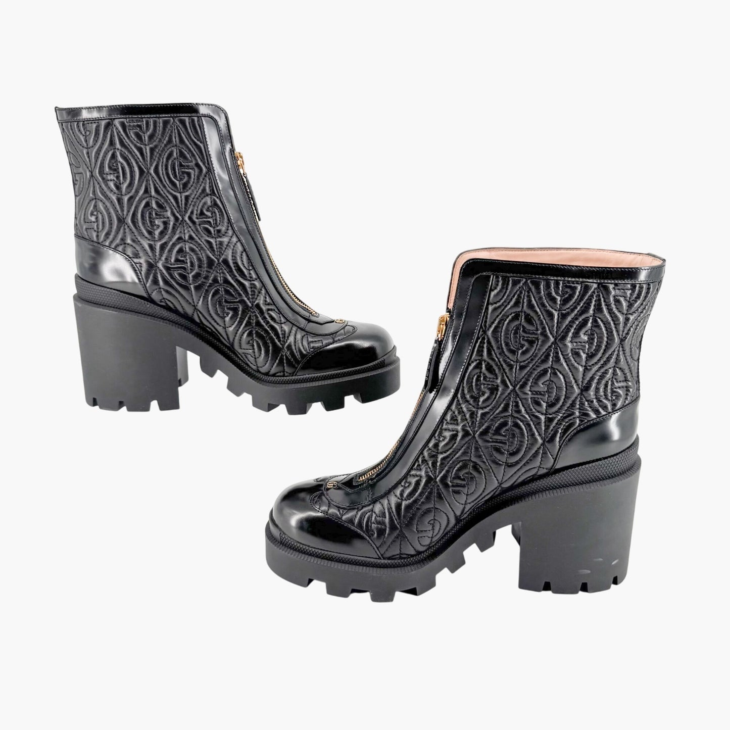 Gucci Trip Zip Front Rhombus Quilted Combat Boots in Black Leather Size 42