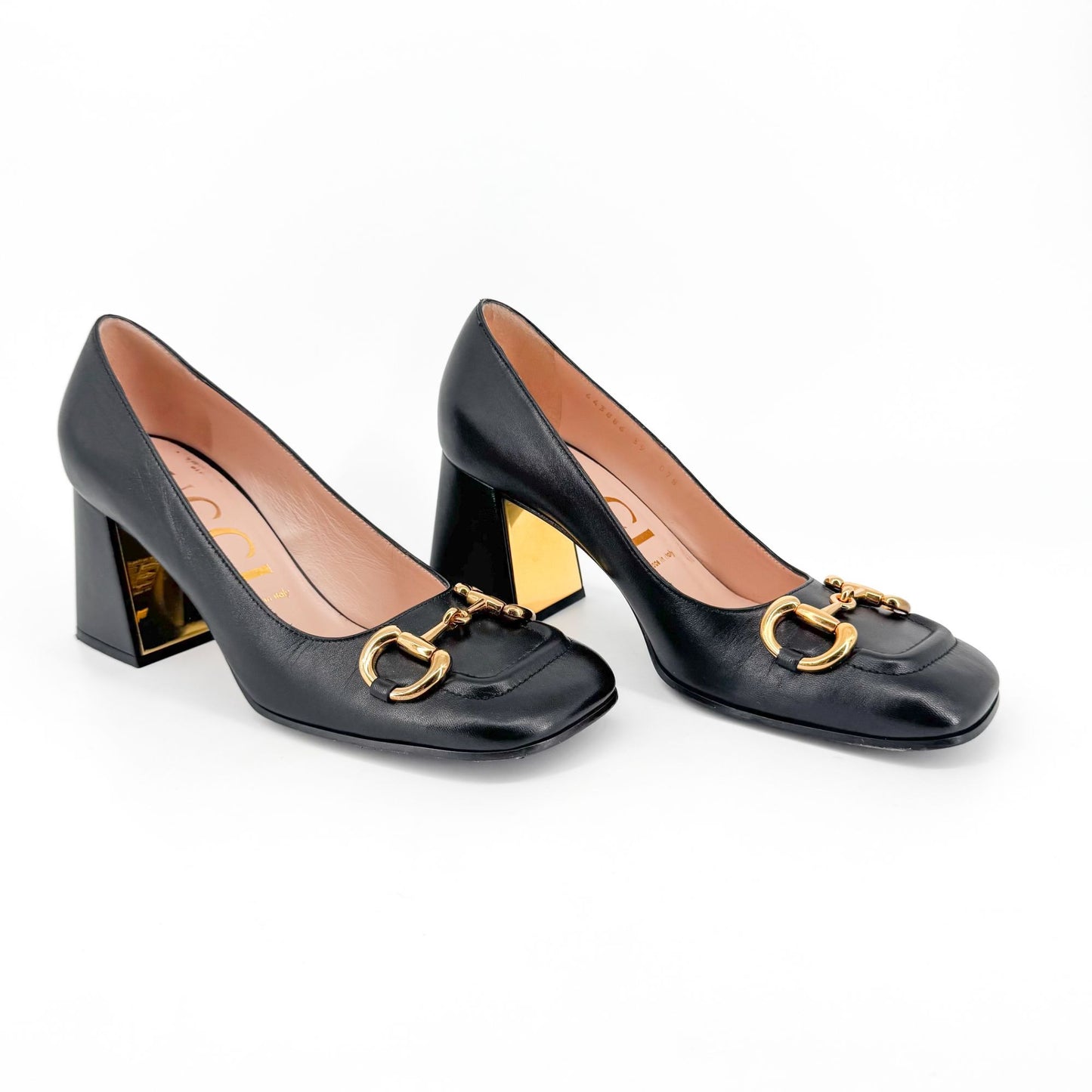 Gucci Black Leather Baby Horsebit Block Heel Pumps Size 39