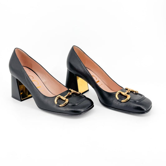 Gucci Black Leather Baby Horsebit Block Heel Pumps Size 39