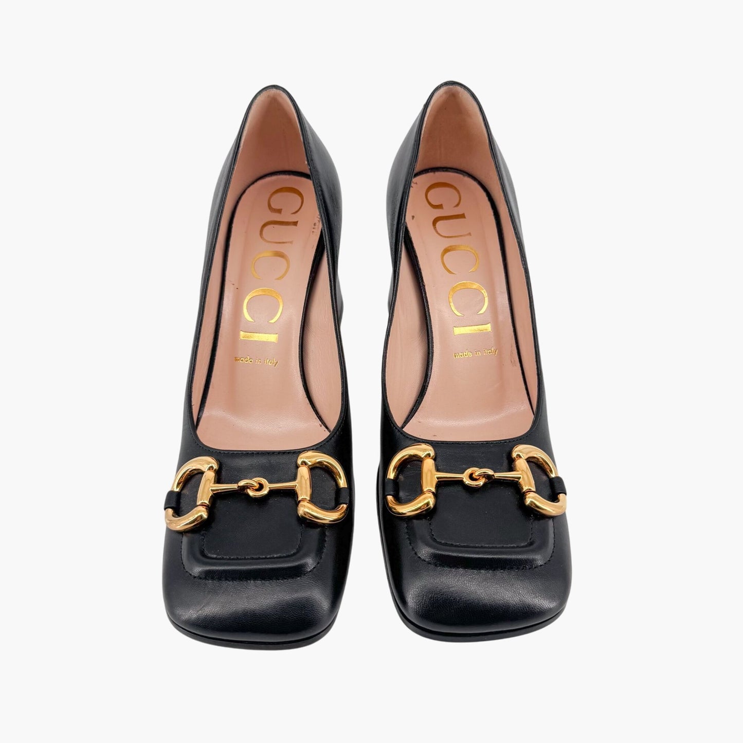 Gucci Black Leather Baby Horsebit Block Heel Pumps Size 39