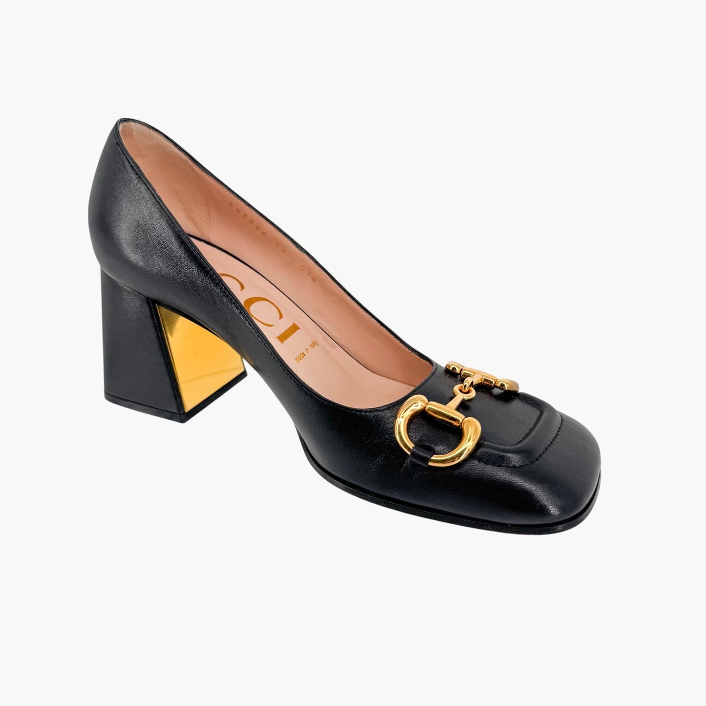 Gucci Black Leather Baby Horsebit Block Heel Pumps Size 39