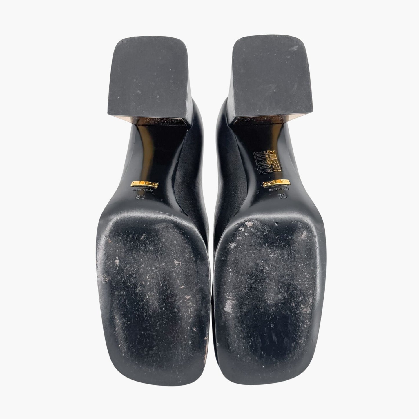 Gucci Black Leather Baby Horsebit Block Heel Pumps Size 39