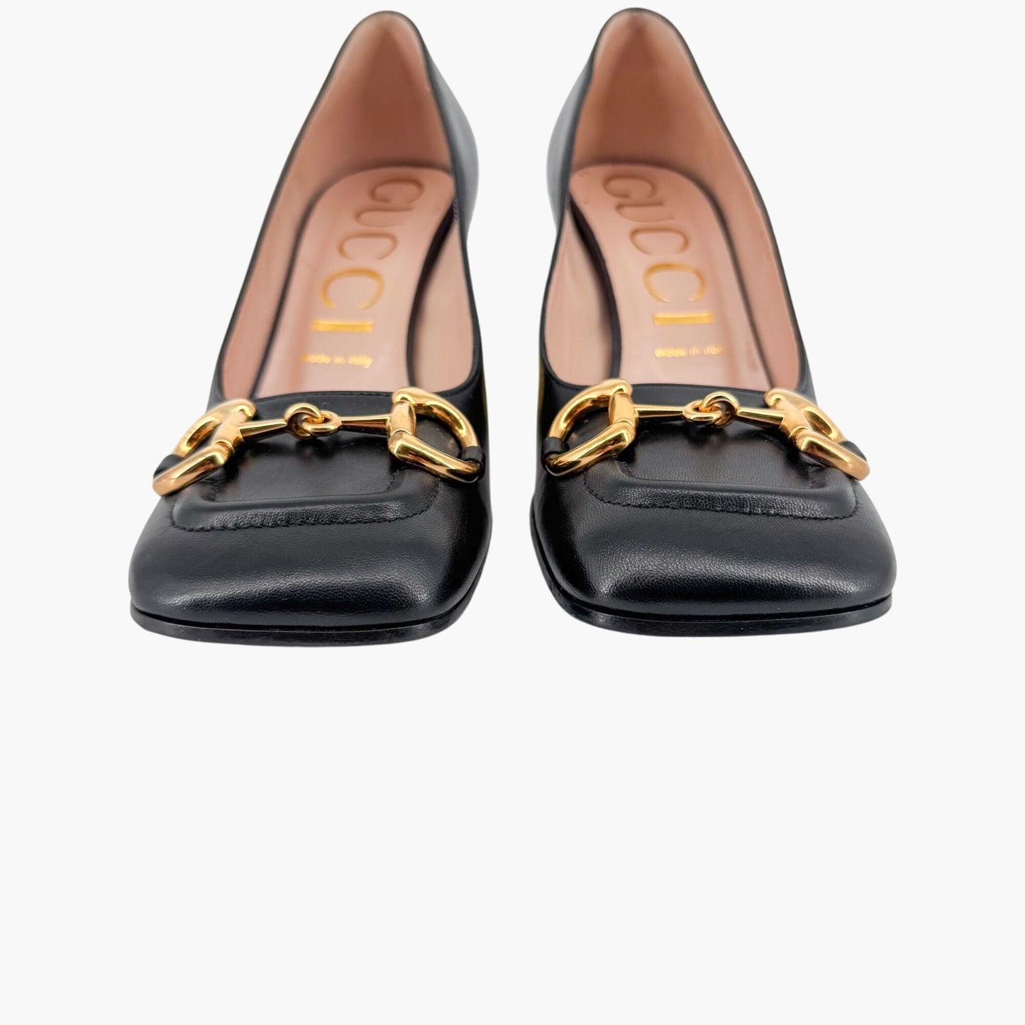 Gucci Black Leather Baby Horsebit Block Heel Pumps Size 39