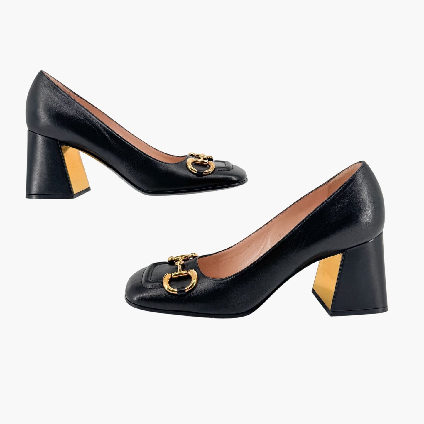 Gucci Black Leather Baby Horsebit Block Heel Pumps Size 39