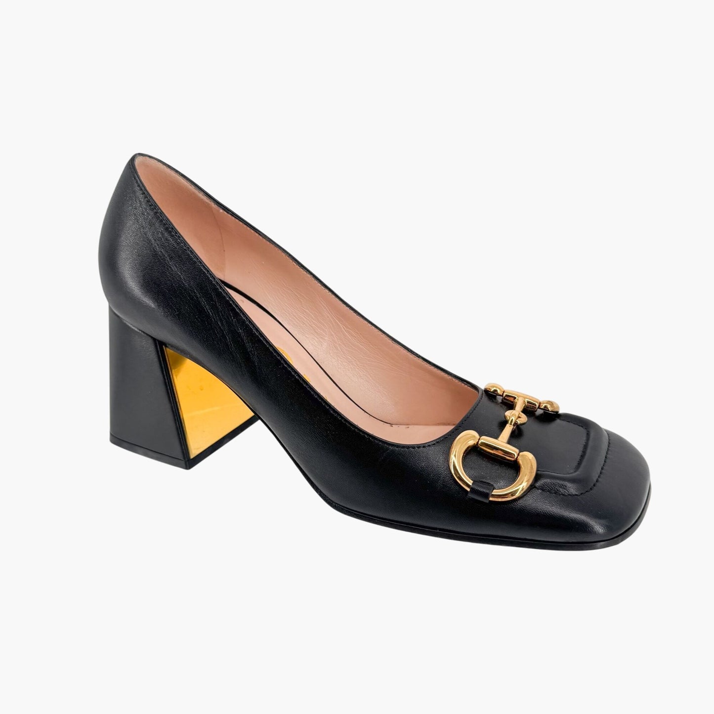 Gucci Black Leather Baby Horsebit Block Heel Pumps Size 39
