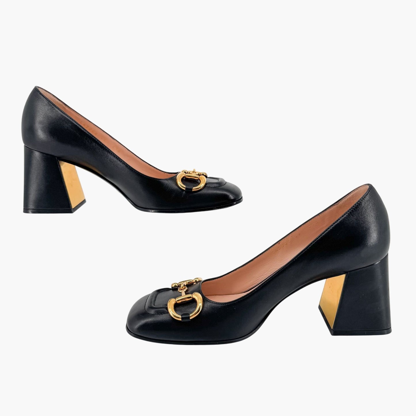 Gucci Black Leather Baby Horsebit Block Heel Pumps Size 39