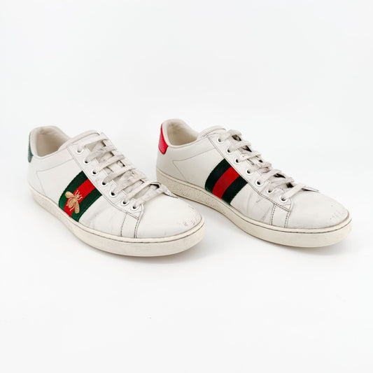 Gucci Bee-Embroidered Ace Sneakers in White Leather Size 38.5
