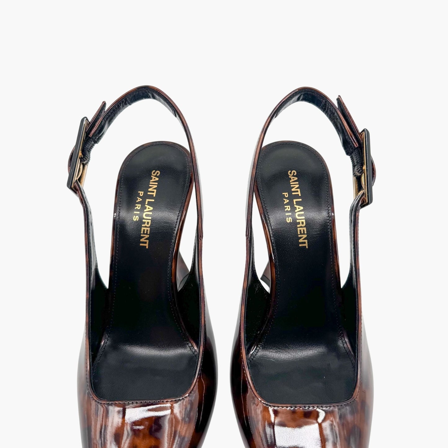 Saint Laurent Dune 110 Slingback Pumps in Brown Tortoise Patent Leather – Size 38