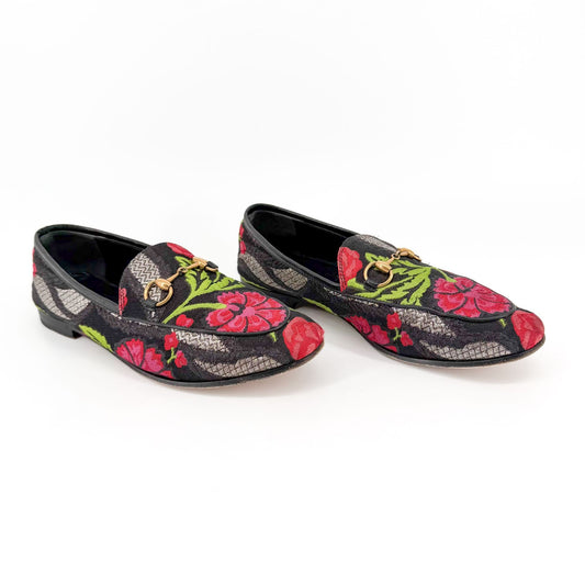 Gucci Black Floral Brocade Jordaan Horsebit Loafers Size 37