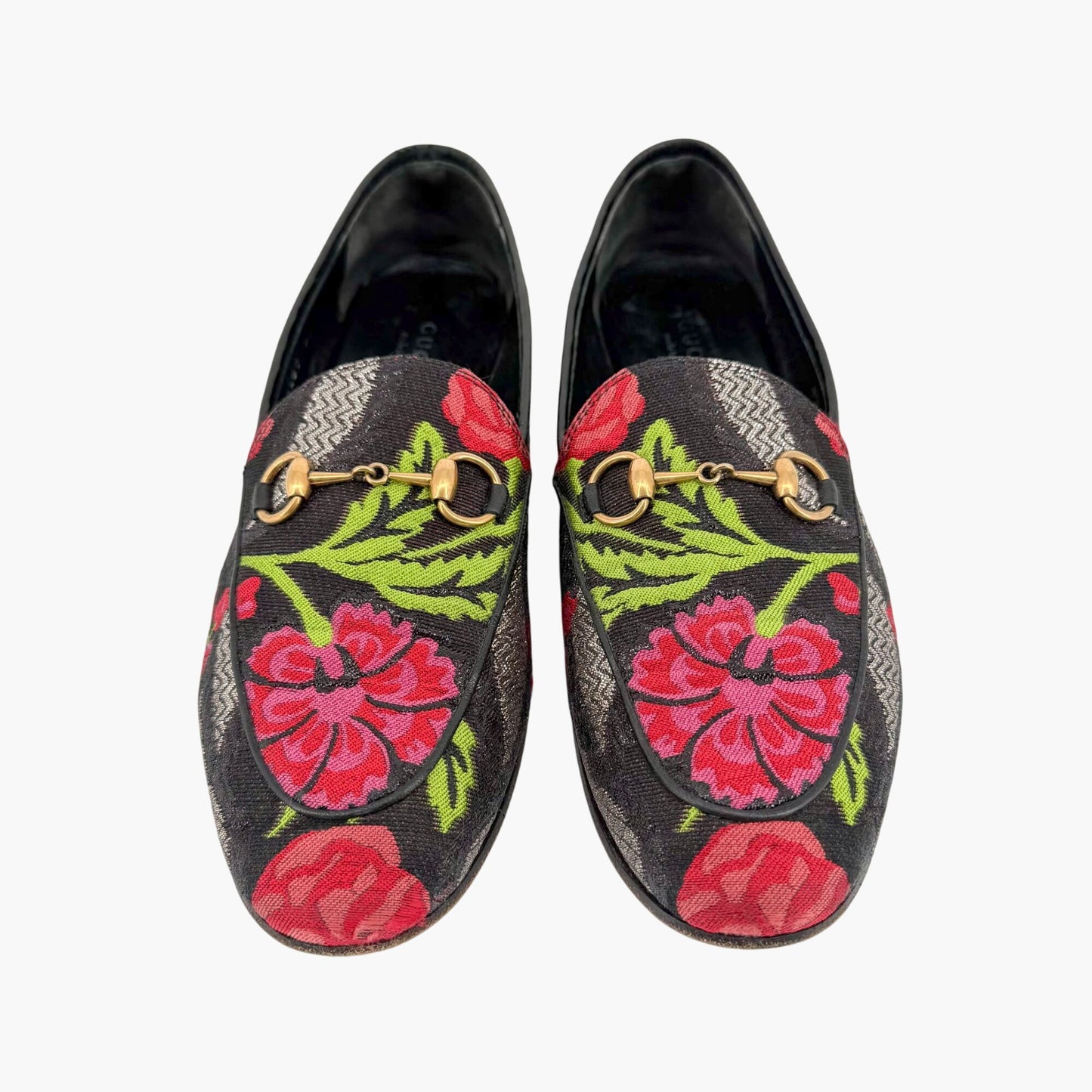 Gucci Black Floral Brocade Jordaan Horsebit Loafers Size 37