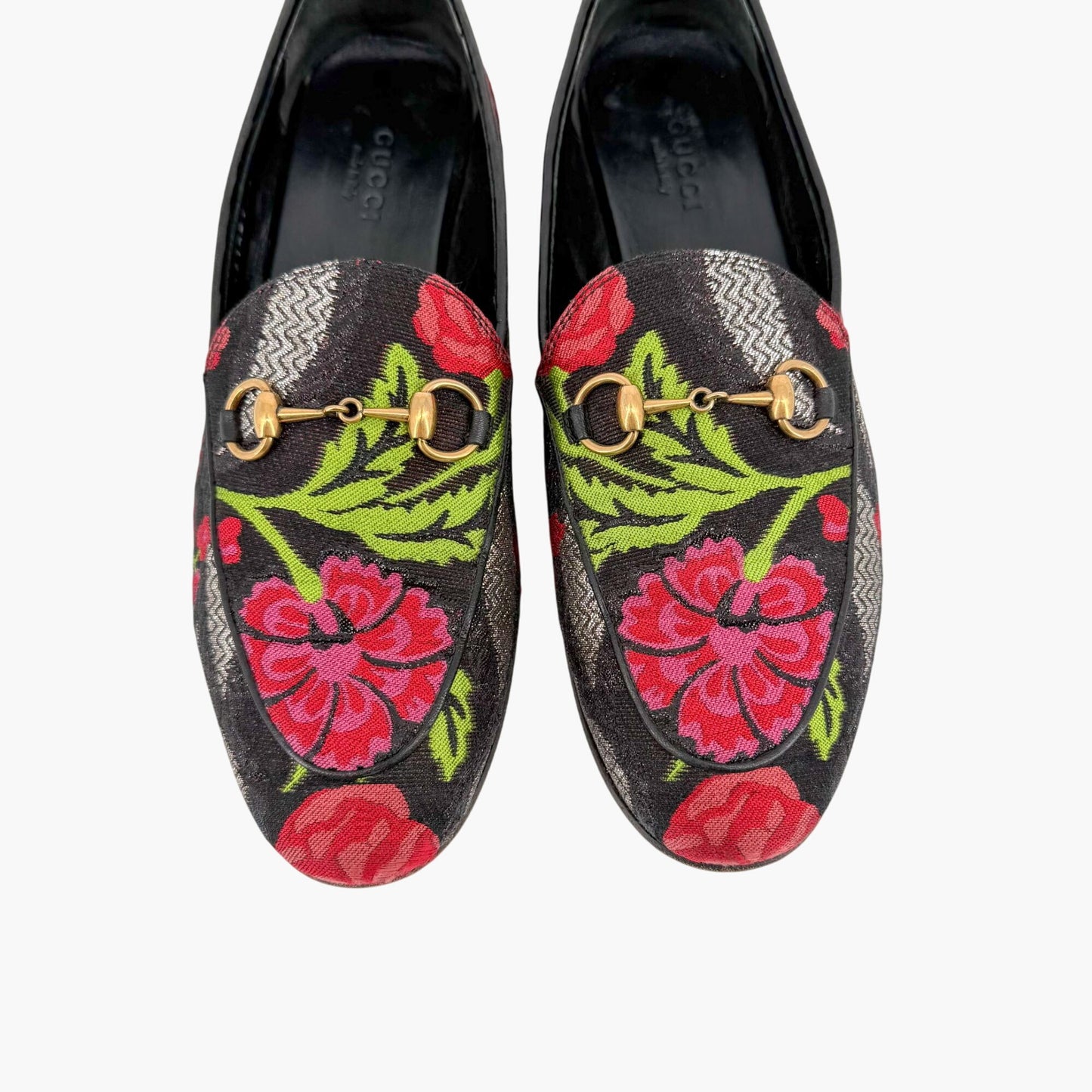 Gucci Black Floral Brocade Jordaan Horsebit Loafers Size 37