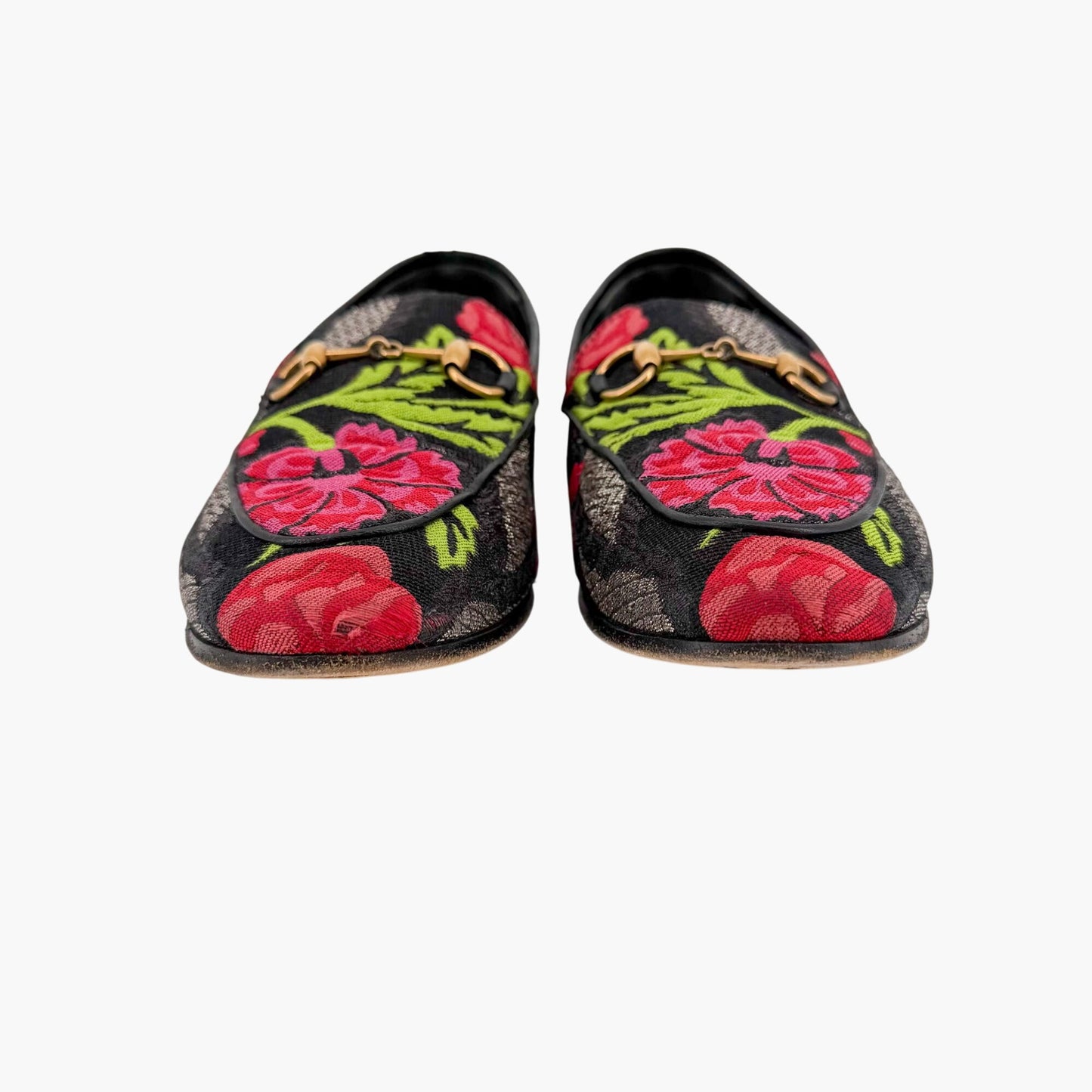Gucci Black Floral Brocade Jordaan Horsebit Loafers Size 37