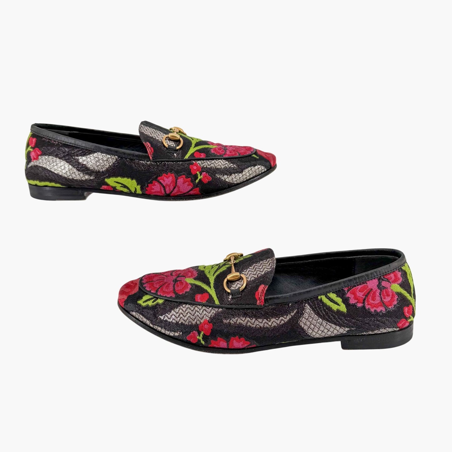 Gucci Black Floral Brocade Jordaan Horsebit Loafers Size 37
