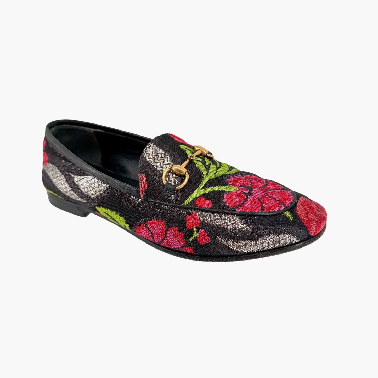 Gucci Black Floral Brocade Jordaan Horsebit Loafers Size 37