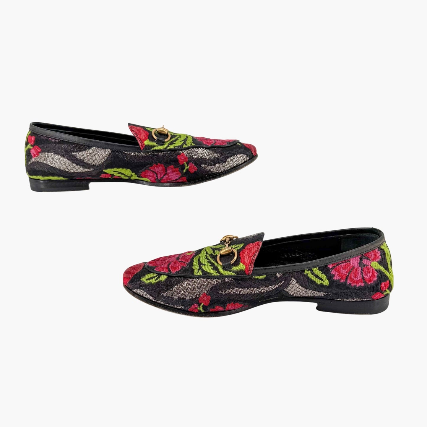 Gucci Black Floral Brocade Jordaan Horsebit Loafers Size 37