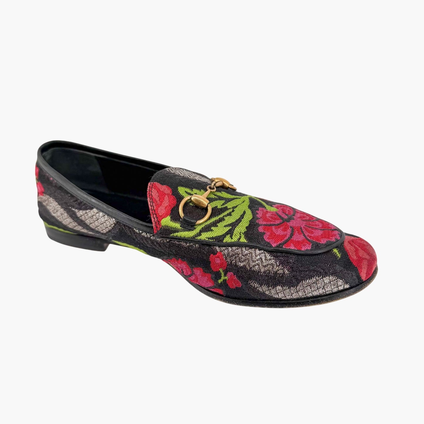 Gucci Black Floral Brocade Jordaan Horsebit Loafers Size 37
