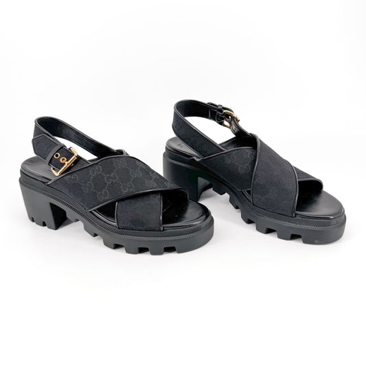 Gucci Granada GG Monogram Lug Sole Sandals in Black Canvas – Size 40.5