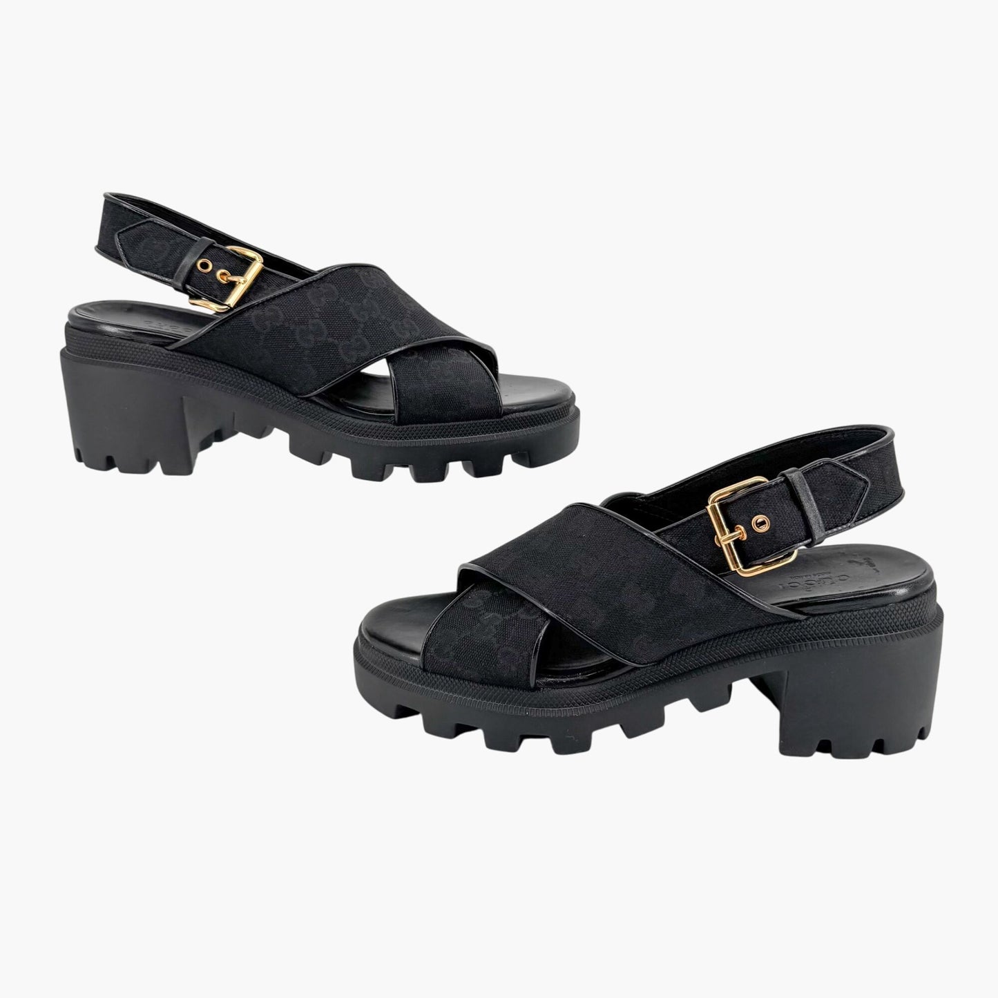 Gucci Granada GG Monogram Lug Sole Sandals in Black Canvas – Size 40.5