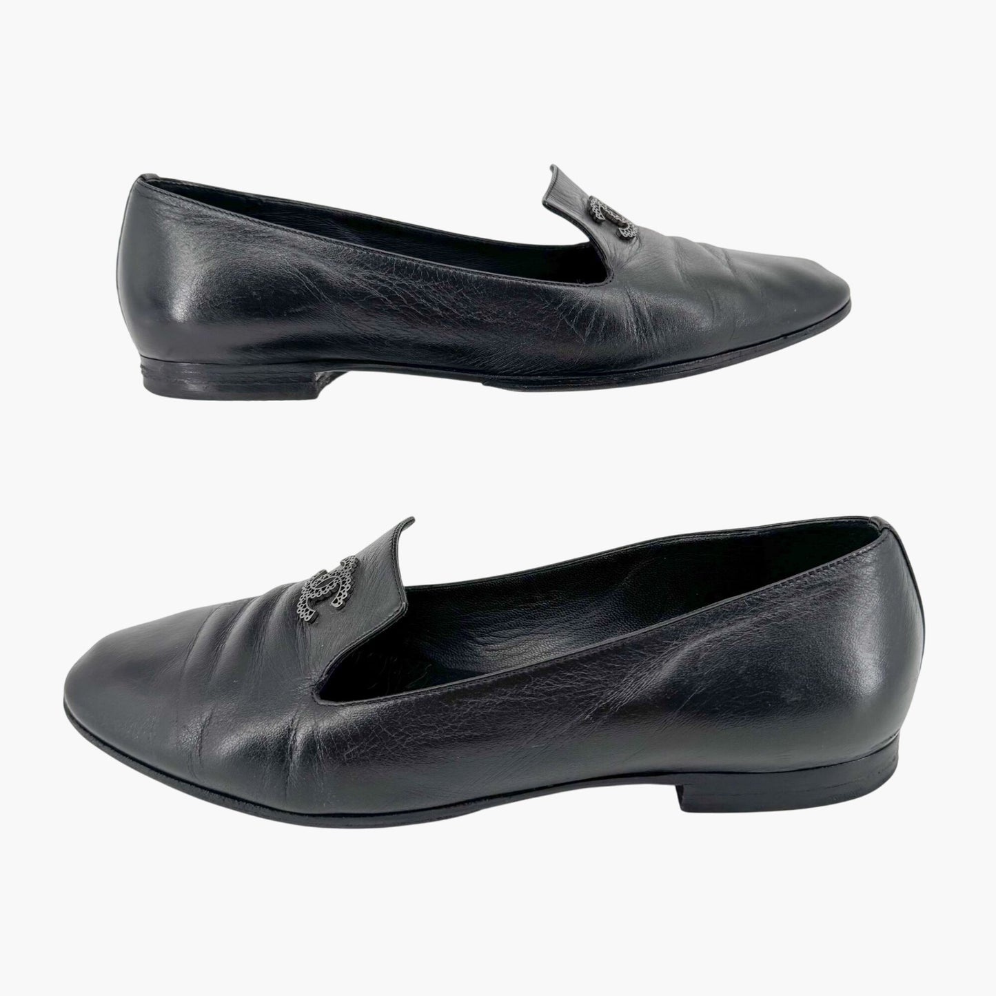Chanel CC Smoking Loafer Flats in Black Leather – Size 37.5