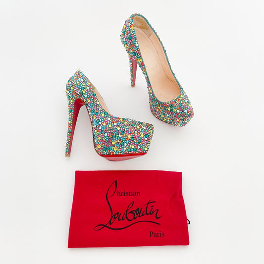 Christian Louboutin Daffodile 160 Pumps in Multicolor Crystal-Embellished Teal Suede Size 39.5